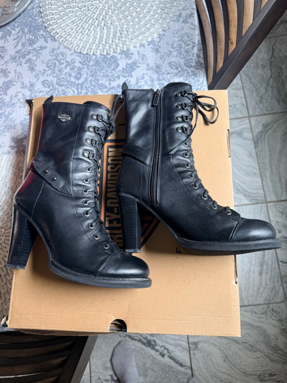 Harley-Davidson Black Coco Lace-Up Leather Heeled Boots Size 8.5